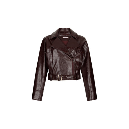 Giacca Donna ,biker glossy, con collo revers e fibbia in metallo sul fondo